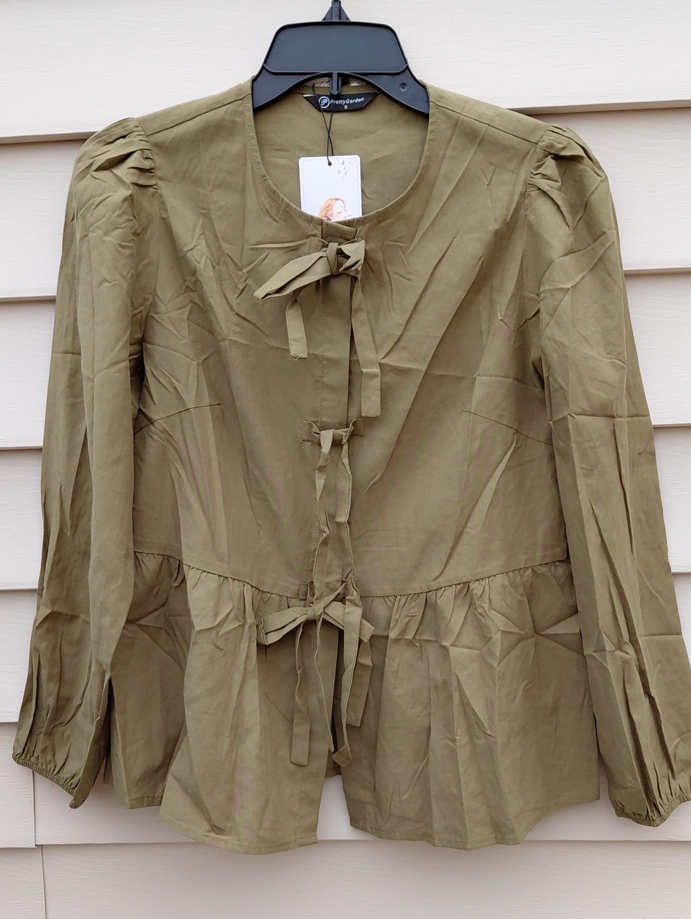 PRETTY GARDEN Women's Olive Bow Tie Front Peplum Long Sleeve Blouse Size Small